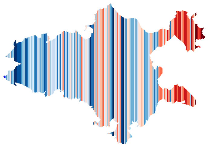 Darstellung des Landkreis-Umrisses mit "climate-stripes" der Wärmeveränderung